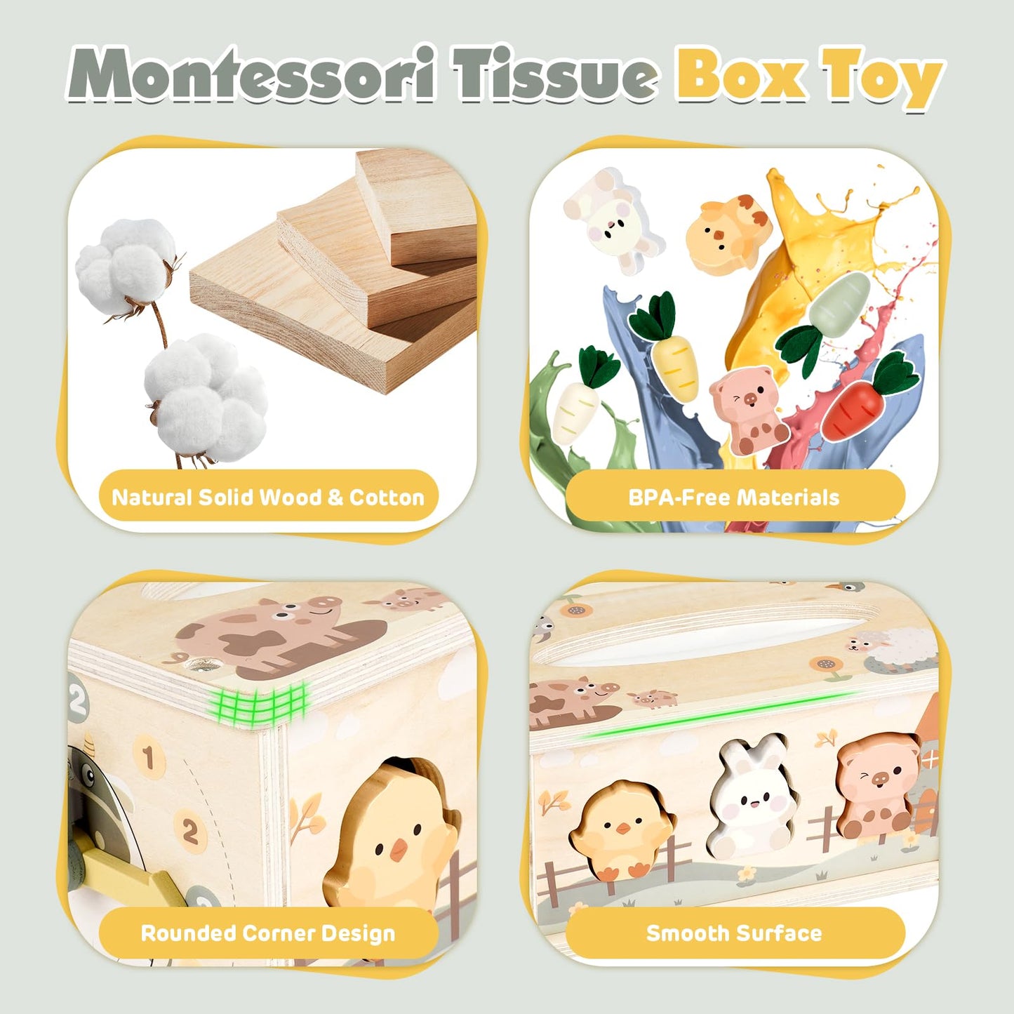 Vanplay Montessori Toys for 1 Year Old, 6 in 1 Baby Tissue Box Toy Wooden Activity Cube, Shape Sorter Sensory Toys for Babies 12 Months, 1st Birthday Gifts for Girls Boys