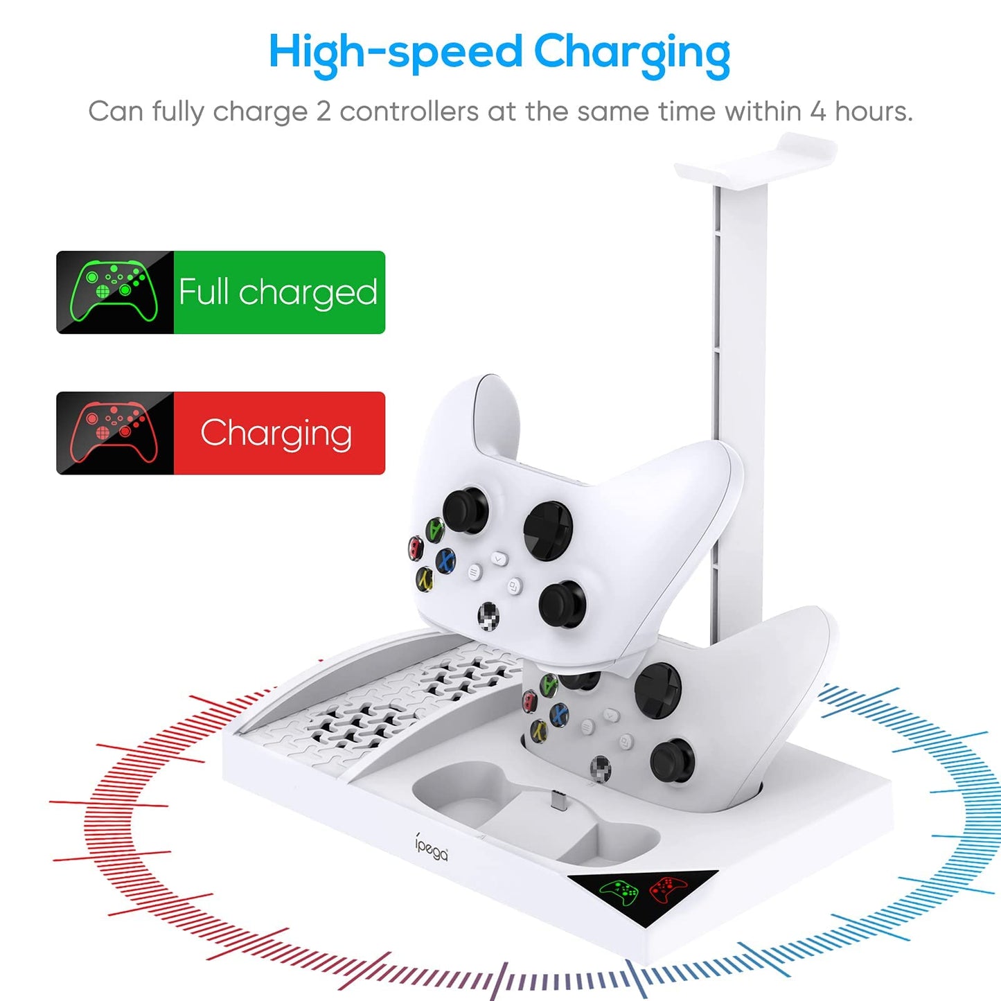 FYOUNG Xbox Series S vertical charging cooling stand with rechargeable batteries, cooling fan, and headset holder in white.