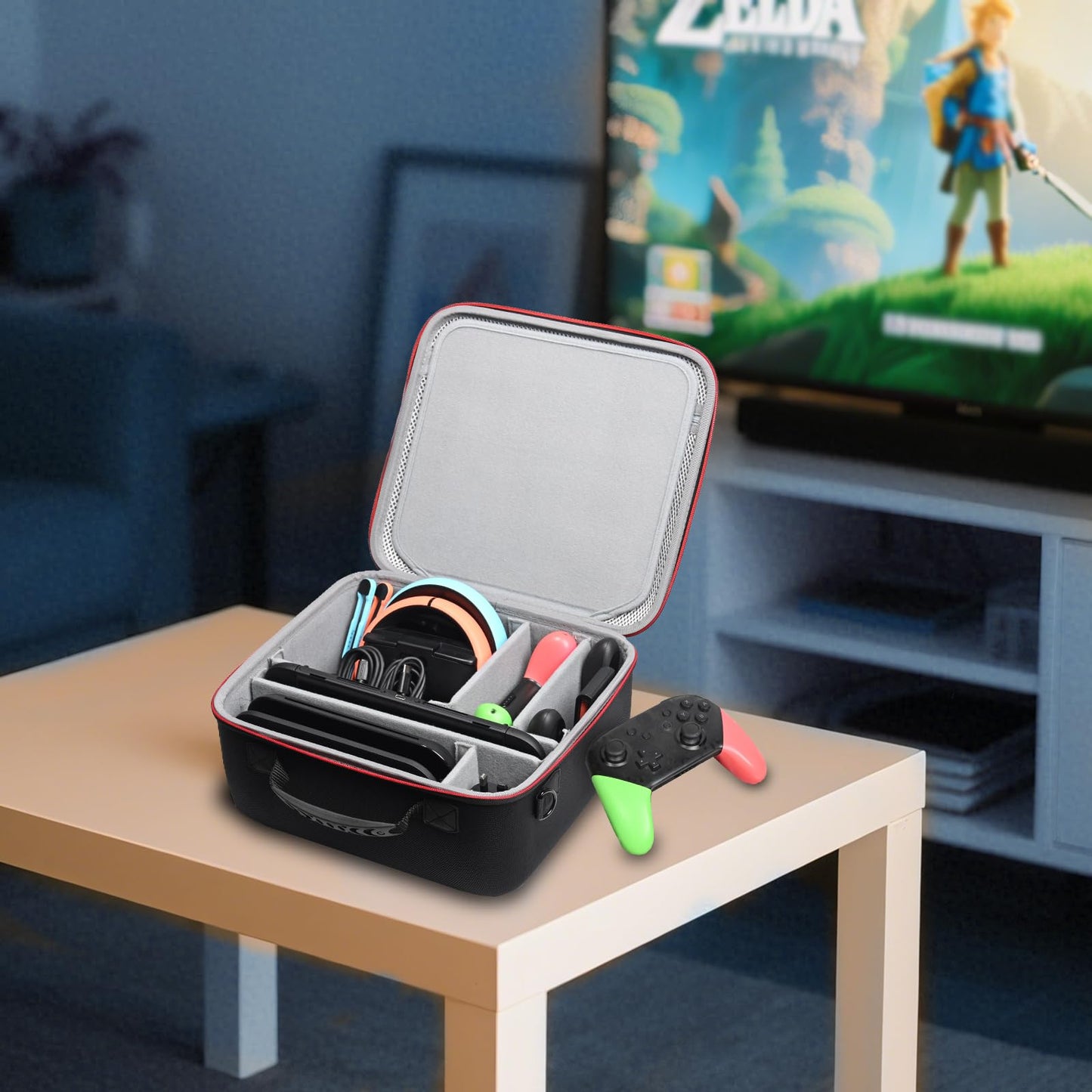 RLSOCO Nintendo Switch 2 carry case with zipper, holding console, TV dock, controllers, game cards, and accessories for travel.
