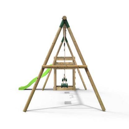Rebo® Children's Wooden Swing Set Plus Deck and Slide - Comet Green | OutdoorToys | Kids' Playset - Sturdy Construction, Pressured Treated Timber, Soft-Feel Ropes