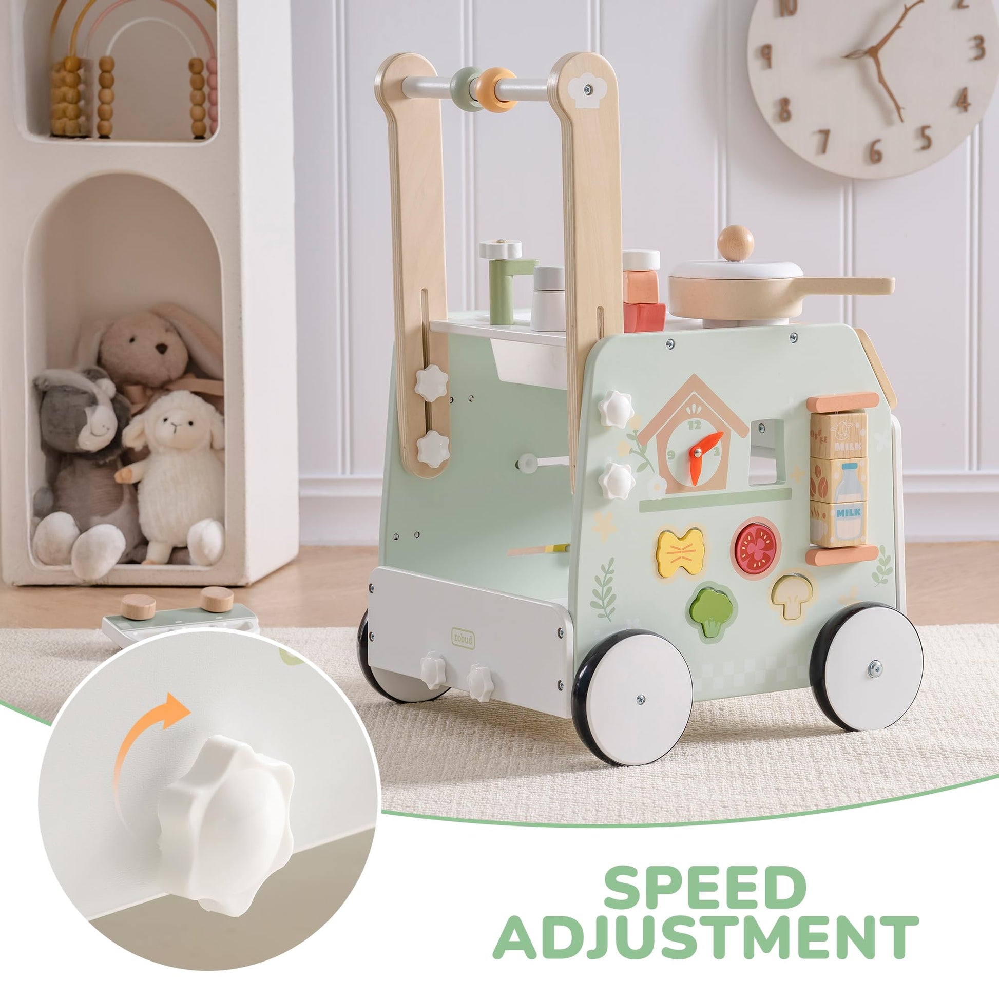 Robud wooden baby walker with sensory play, adjustable height and speed, storage basket, and natural wood finish for toddlers.