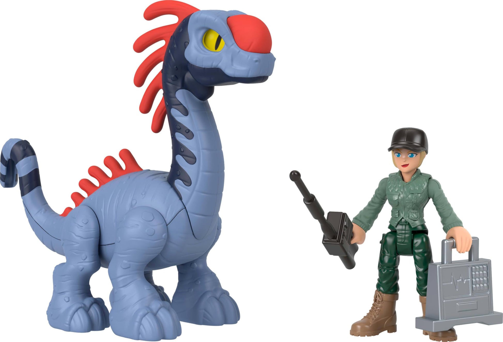 Fisher-Price Imaginext Jurassic World Rebirth action figure set with 3-inch human, five dinosaur figures, toy launcher, and accessories.