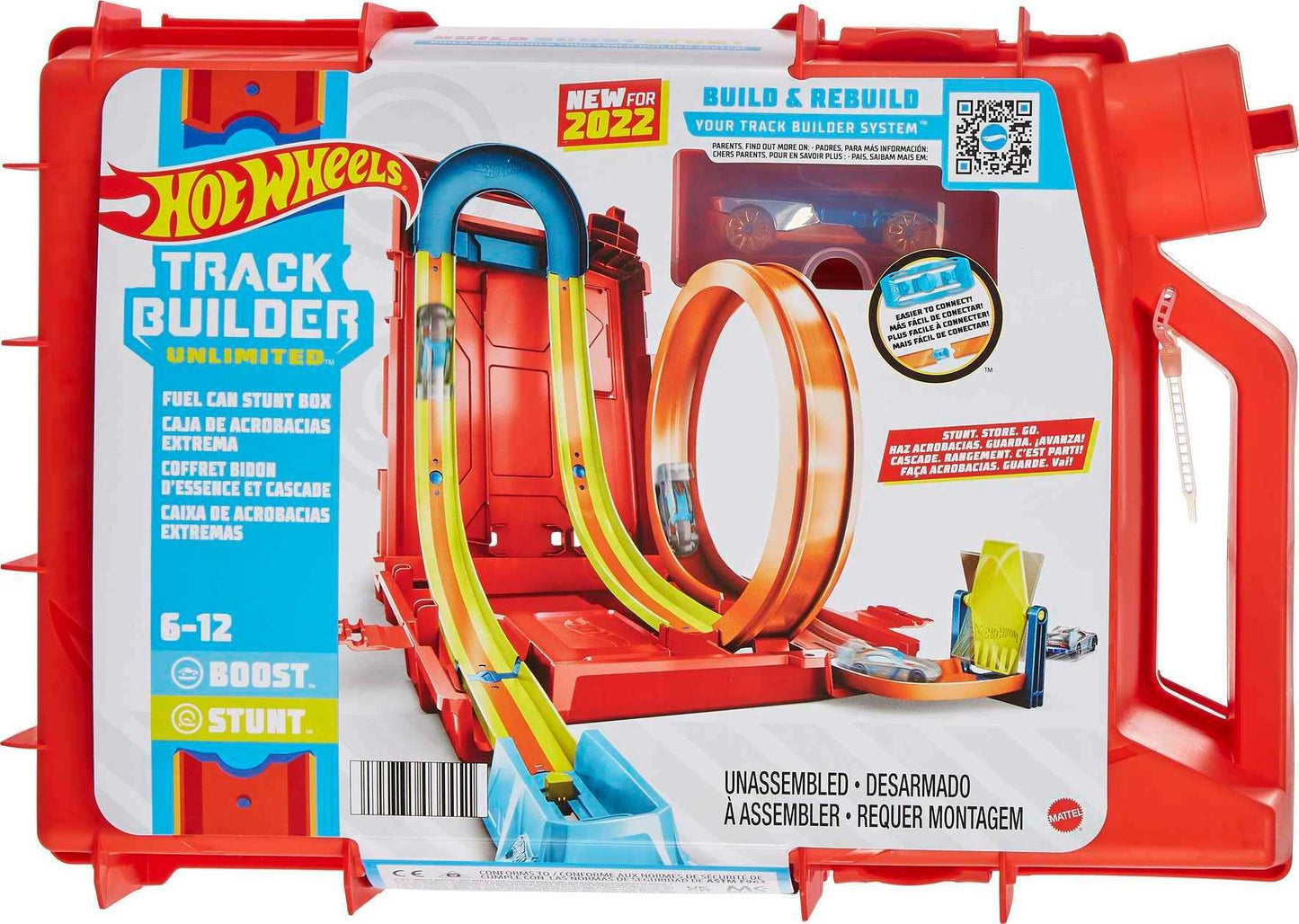 Hot Wheels Track Builder Unlimited Fuel Can Stunt Box with track pieces and toy cars for kids ages 6 to 12.