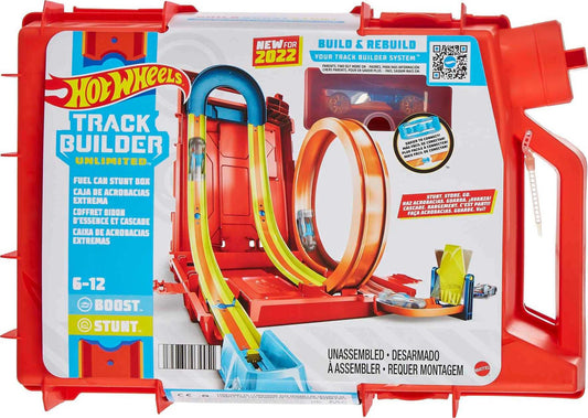 Hot Wheels Track Builder Unlimited Fuel Can Stunt Box with track pieces and toy cars for kids ages 6 to 12.