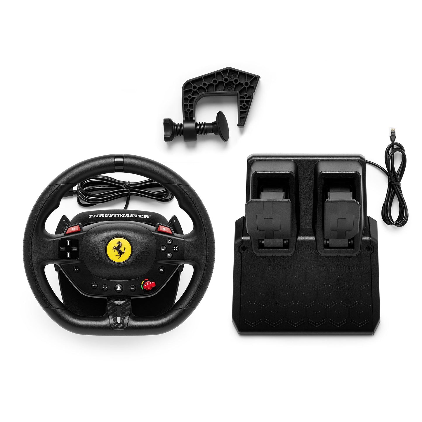 Thrustmaster T98 Ferrari 296 GTB racing wheel and pedals with black finish, featuring Ferrari logo, Manettino dial, and bungee cord technology.