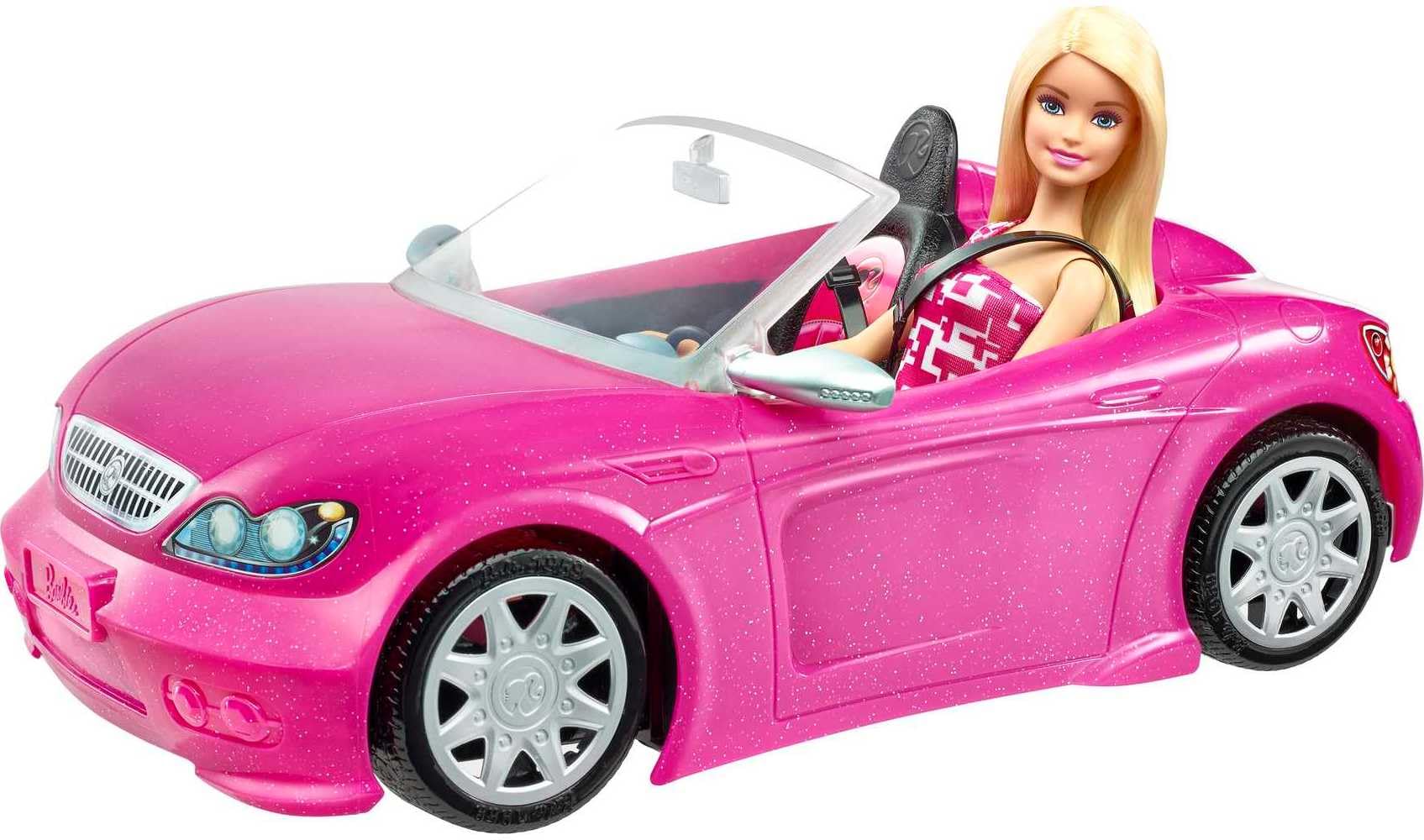 Barbie playset with sparkly pink 2-seater convertible car, fashion doll in sundress and sunglasses, detailed and stylish.