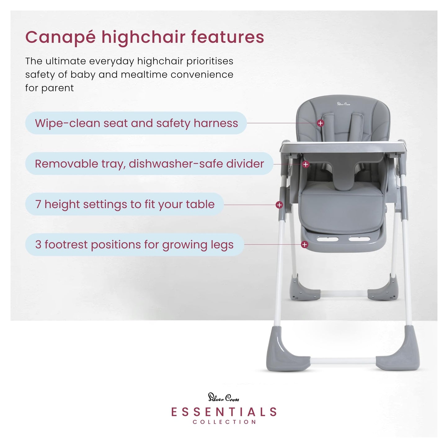 Silver Cross Essentials - Canapé Highchair - Baby Chair - Folding High Chair - Newborns to 3 Years - Winter Grey