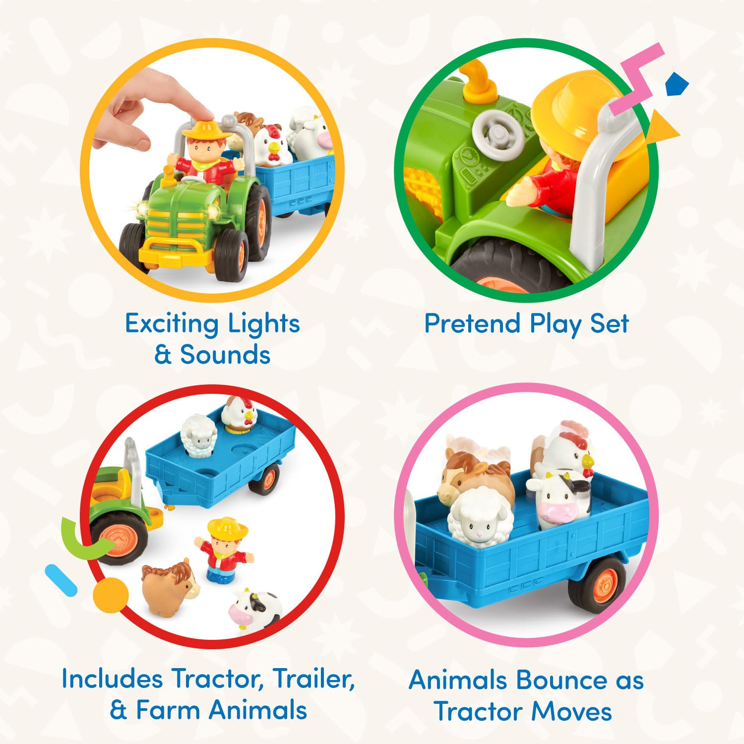Battat farm toy set with light and sound tractor, trailer, animals and accessories for toddlers and kids aged 18+ months.