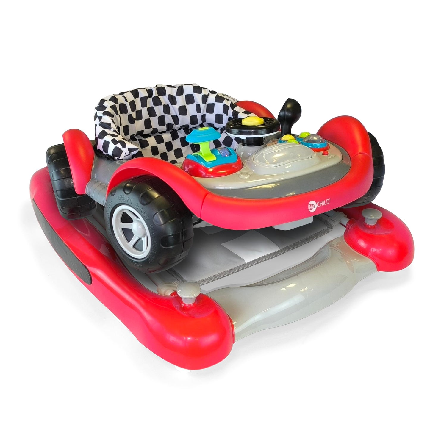 MyChild red coupe baby walker with activity center, compact fold frame, adjustable height, and safety blocks for children 6 months+.