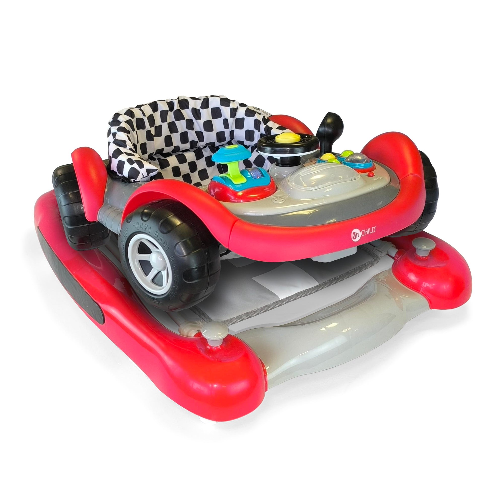 MyChild red coupe baby walker with activity center, compact fold frame, adjustable height, and safety blocks for children 6 months+.