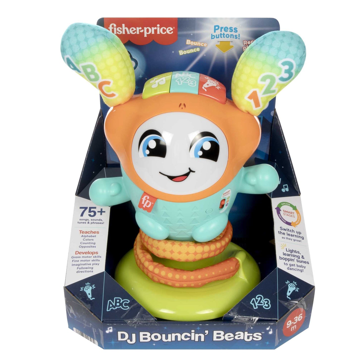 Fisher-Price DJ Bouncin’ Beats baby musical learning toy with colorful buttons and bouncing seat for interactive fun.
