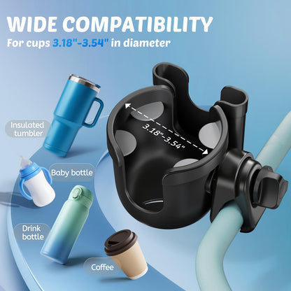 Guiseapue pram cup and phone holder with organizer for stroller, wheelchair, bike, and baby essentials, black and easy to attach