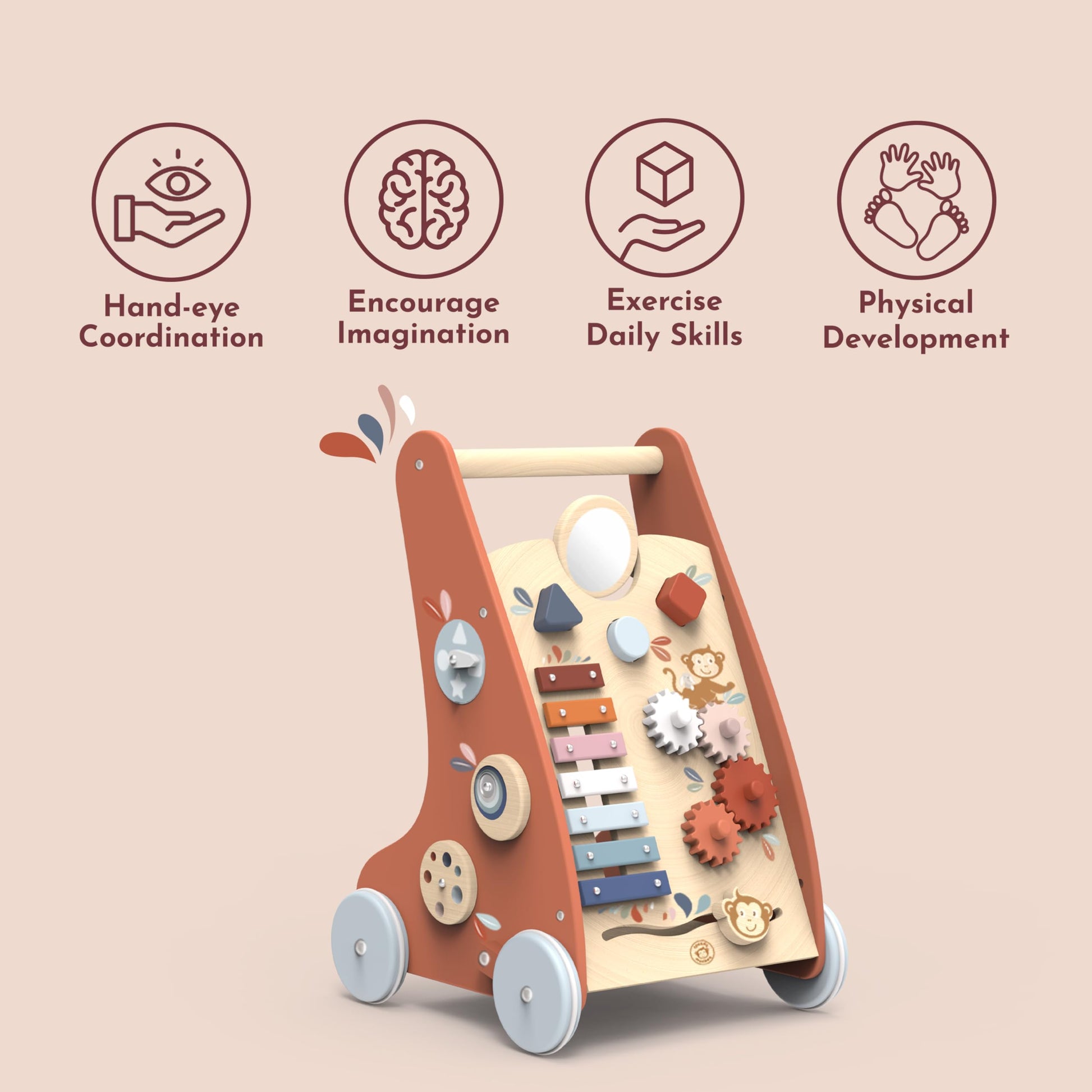 Speedy Monkey wooden baby walker with 9 activity toys, non-slip rubber wheels, FSC certified wood for boys and girls around 1 year old