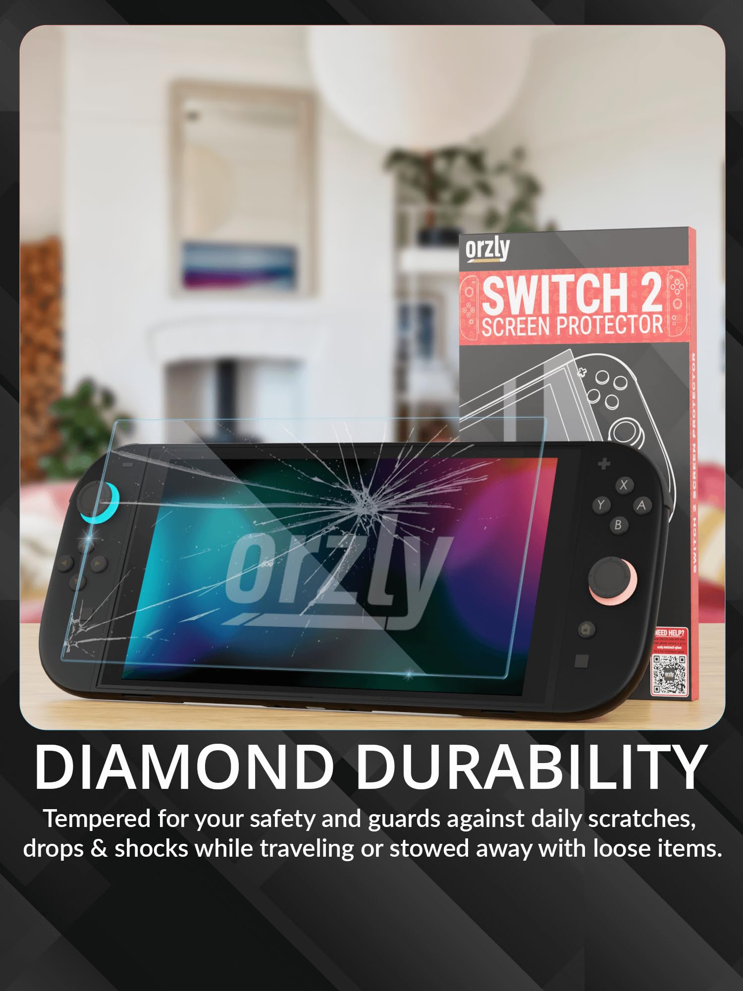 Orzly glass screen protector for Nintendo Switch 2, 7.9-inch, 4-pack, anti-scratch, bubble-free, easy to install.