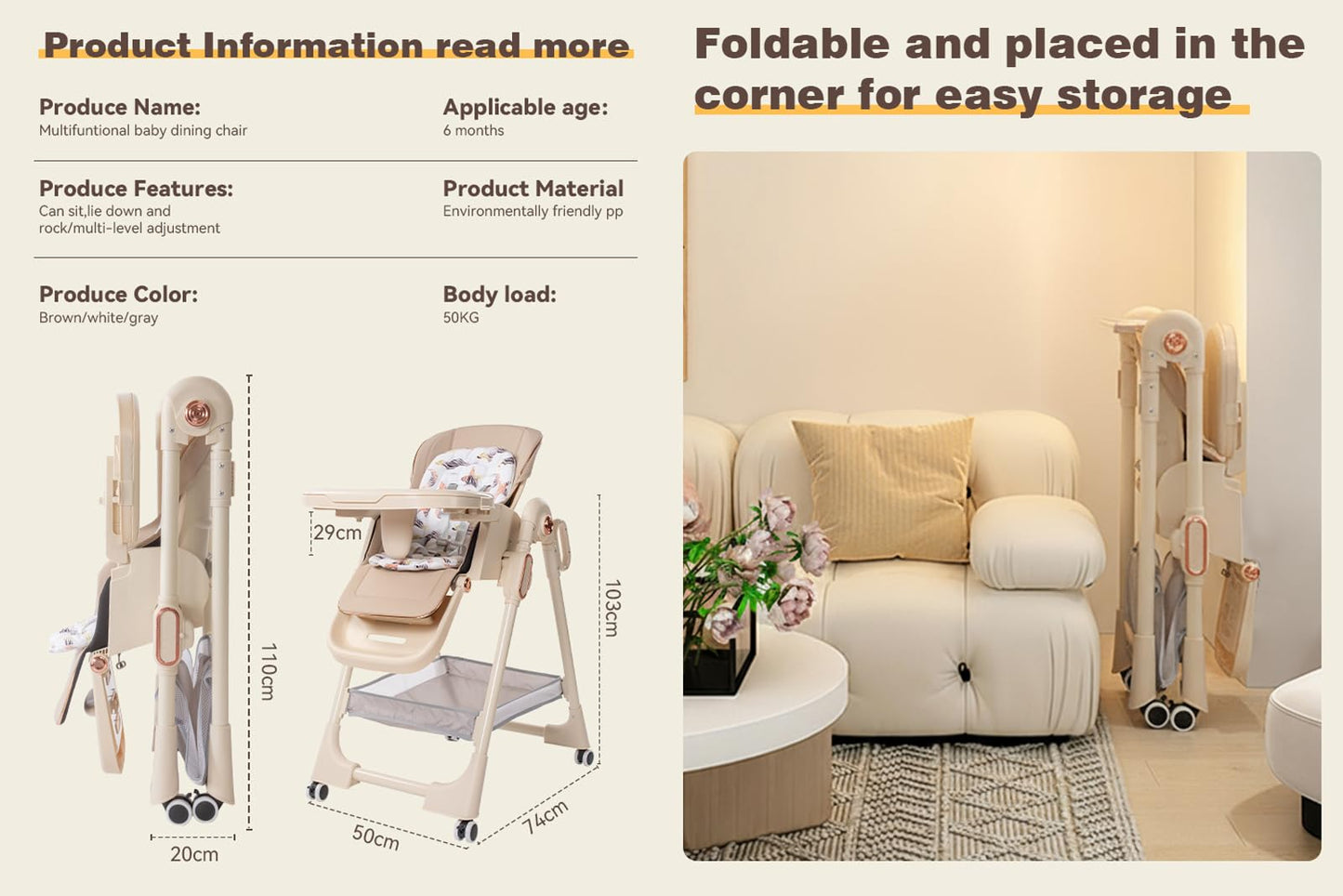 Magic ZC PU Leather Baby High Chair Toddler Feeding Dining Chair with Adjustable Heights and Positions Multifunctional Foldable Convertible with Detachable Double Trays and Wheels (X8122 Grey)