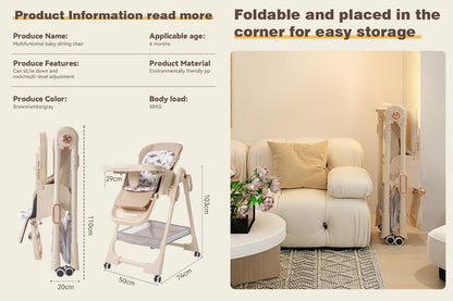 Magic ZC PU Leather Baby High Chair Toddler Feeding Dining Chair with Adjustable Heights and Positions Multifunctional Foldable Convertible with Detachable Double Trays and Wheels (X8122 Grey)