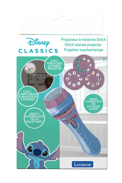 LEXIBOOK - Disney Stitch - Stories projector, torch light and projector with 3 discs, 24 images, create your own stories, LTC050D