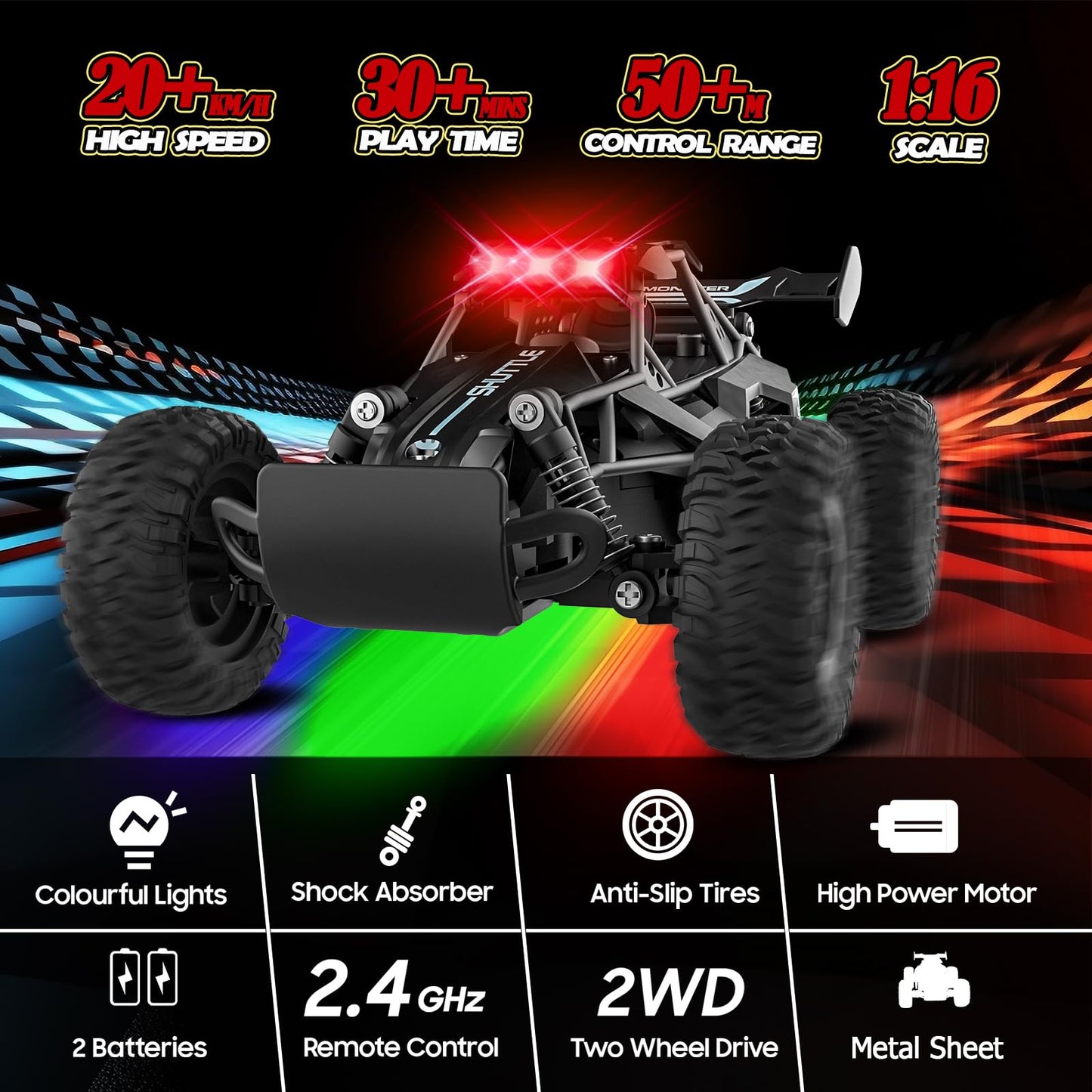 SZJJX Remote Control Car for Kids 3 4 5 6 7+, 20 KM/H High-Speed RC Cars with LED Lights, 2.4GHz 2WD Monster Truck Toys, Rechargeable RC Car, Toy Cars for Girls Boys, Christmas & Birthday Gifts–Black