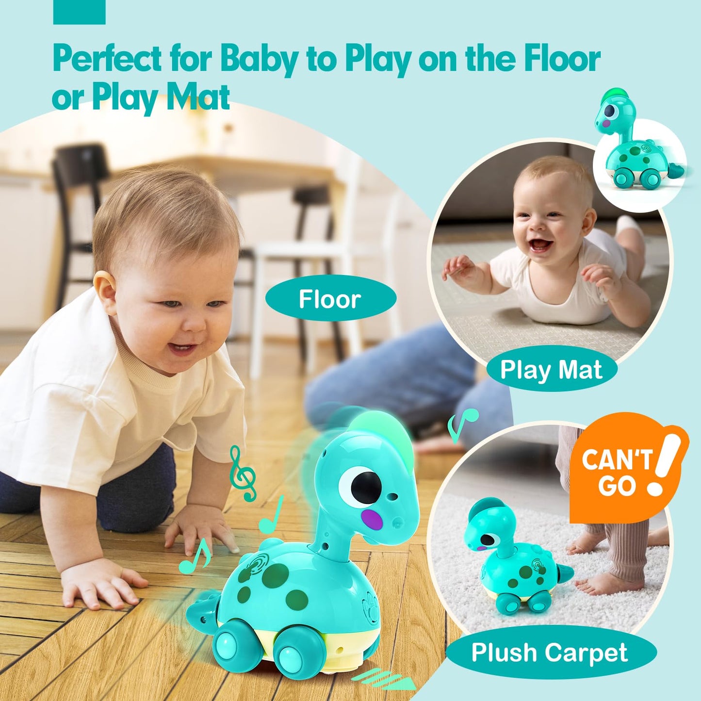 CubicFun Baby crawling dinosaur toy with musical lights, sound, and interactive features for toddlers aged 12 months and up.