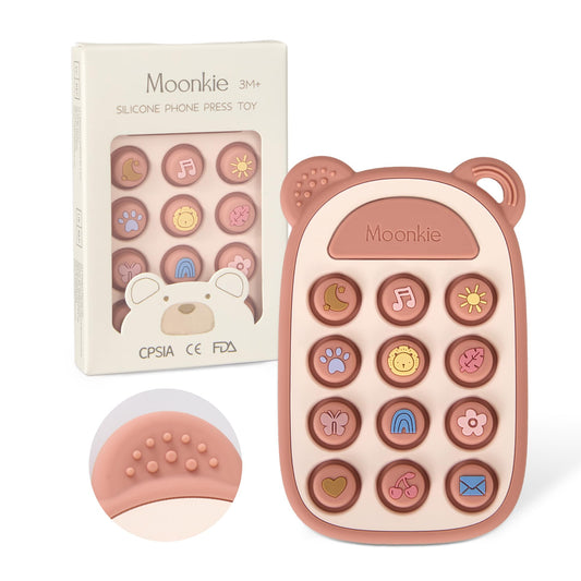 Moonkie Teething Toys for Baby, Silicone Phone Press Teether for 3 Months+, Pop It Fidget Toys, BPA-Free, Gum Pain Relief, Baby Shower Gifts for Boy and Girl, Sensory Toys for Babies(Blush)