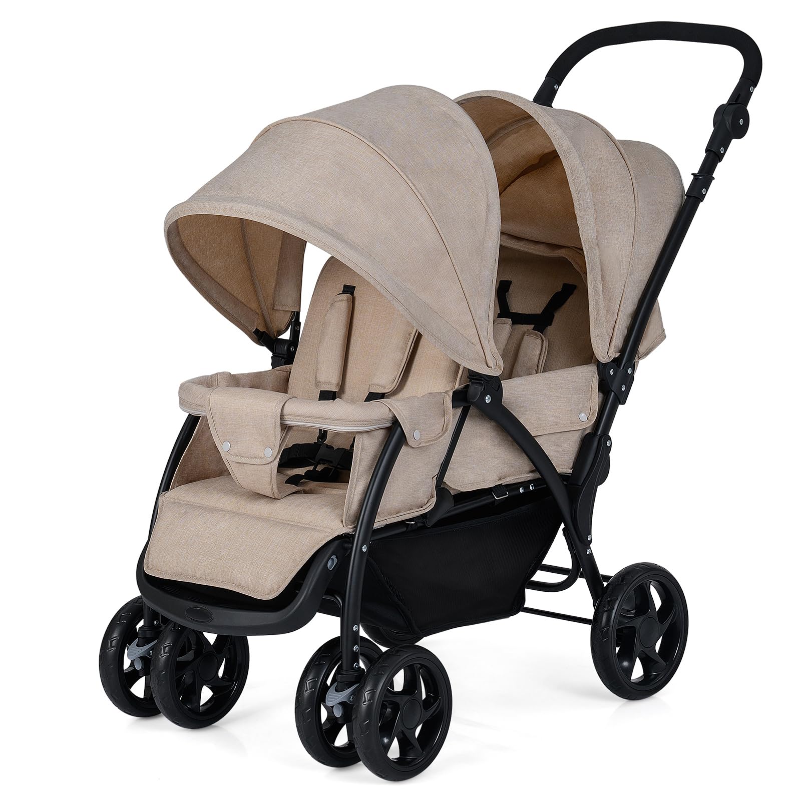 COSTWAY double seat pushchair with foldable design, adjustable backrest, sunshade, safety belts, and storage basket in khaki.