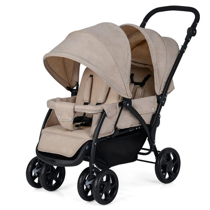 COSTWAY double seat pushchair with foldable design, adjustable backrest, sunshade, safety belts, and storage basket in khaki.