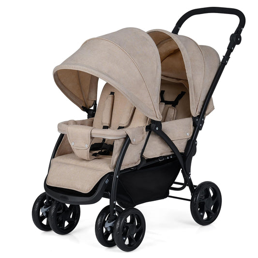 COSTWAY double seat pushchair with foldable design, adjustable backrest, sunshade, safety belts, and storage basket in khaki.