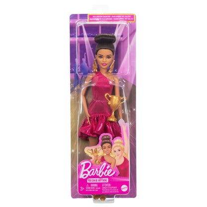 Barbie ballroom dancer fashion doll with red ruffle dress, brown styled hair, dancing shoes, and a trophy accessory.