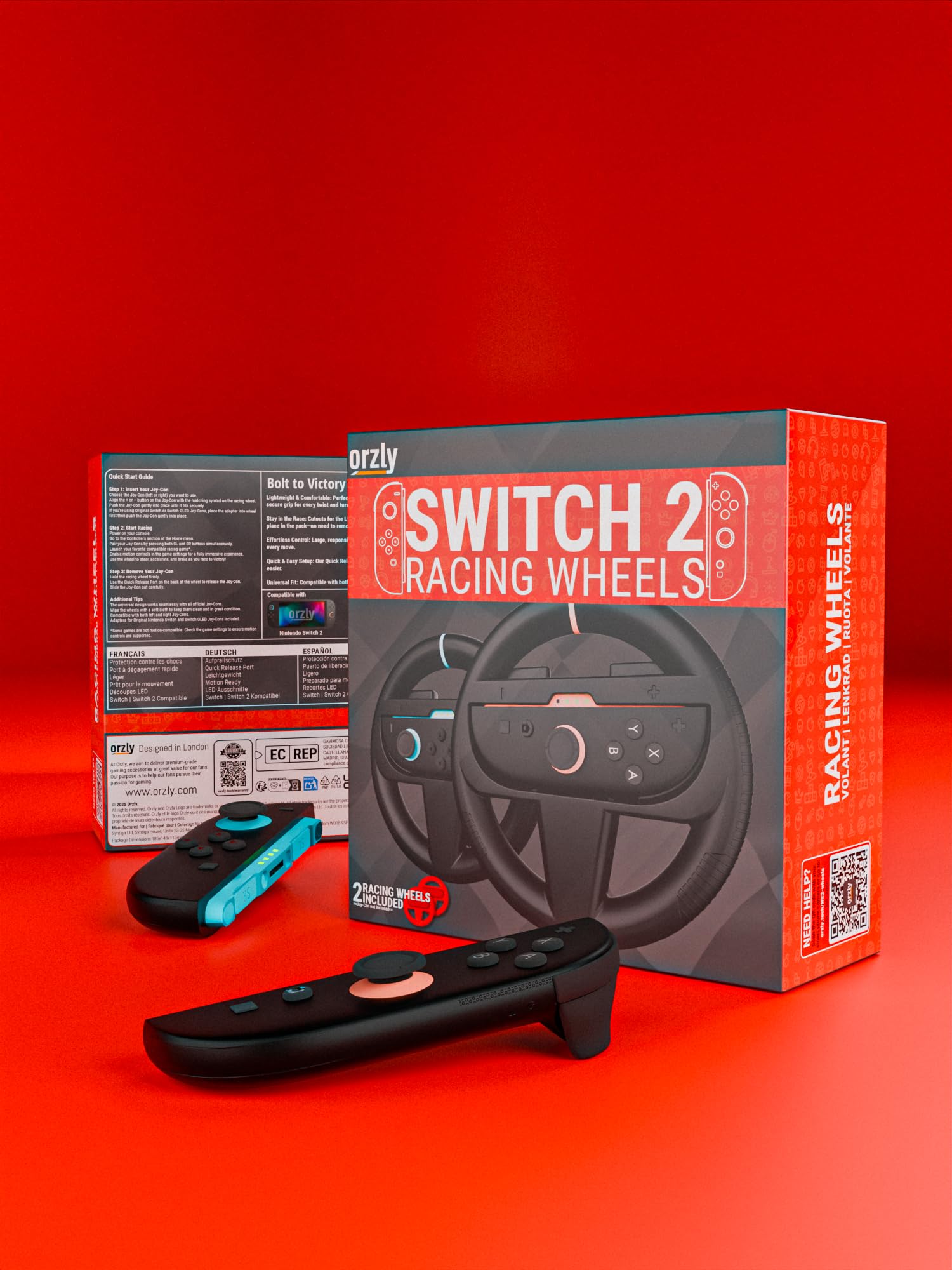 Orzly twin pack black racing steering wheels for Nintendo Switch, compatible with Joy-Con controllers and kart racing games.