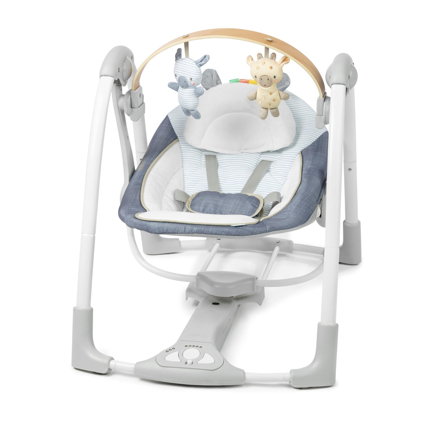 Ingenuity Swing n Go Portable Swing, Removable Sustainably Sourced Wood Toy Bar, 5-Speed, for Ages 0-9 Months, Up to 20 Pounds, Chambray