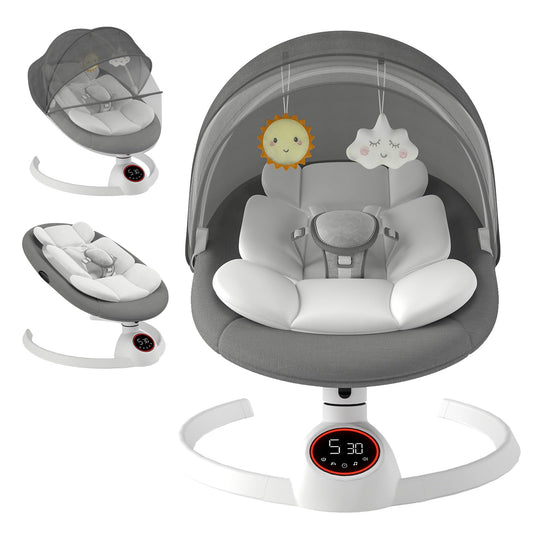 Cozydwells electric baby swing chair in grey with Bluetooth speaker, touch screen control, 5 swing speeds, and remote for soothing comfort