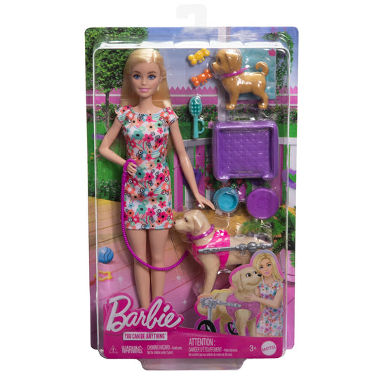 Barbie doll with two toy dogs, including one in a wheelchair, alongside pet accessories in a colorful playset.