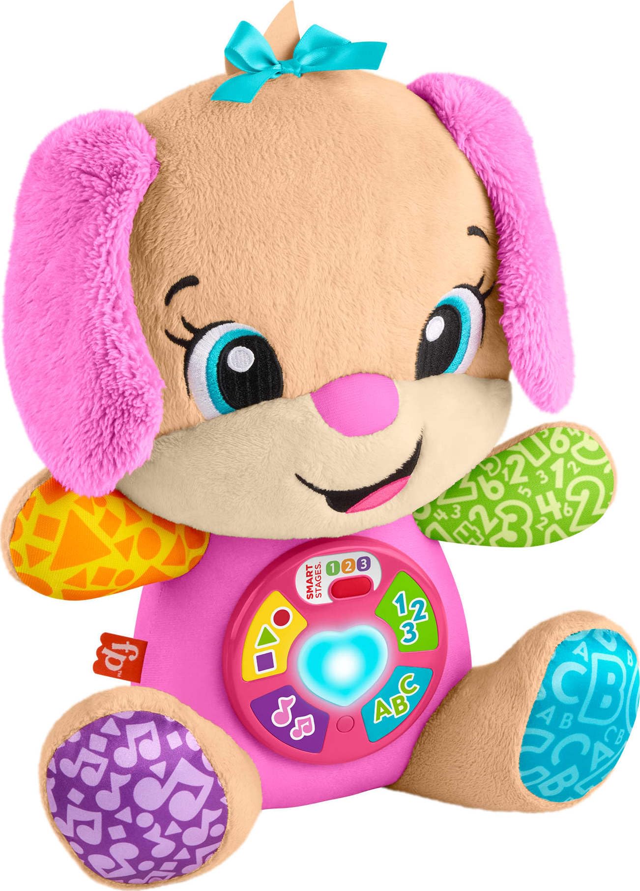 Fisher-Price Laugh & Learn Smart Stages Sis plush toy for infants, featuring lights, learning songs, and soft musical plush for babies.