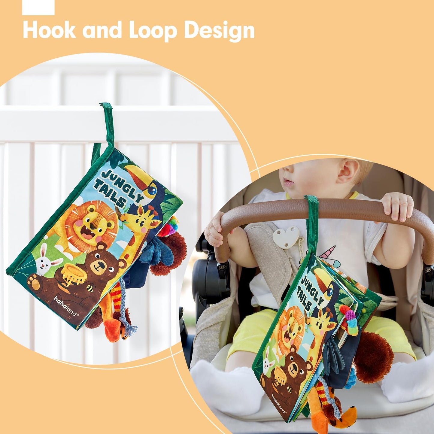 Soft jungle-themed sensory book by hahaland featuring crinkle paper and touch-and-feel elements for babies and infants.