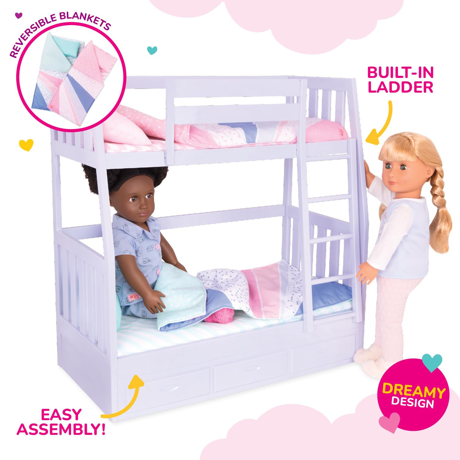 Our Generation Dream Bunks in lilac, toy bunk bed set for 18-inch girl dolls, perfect for kids ages 3 and up.