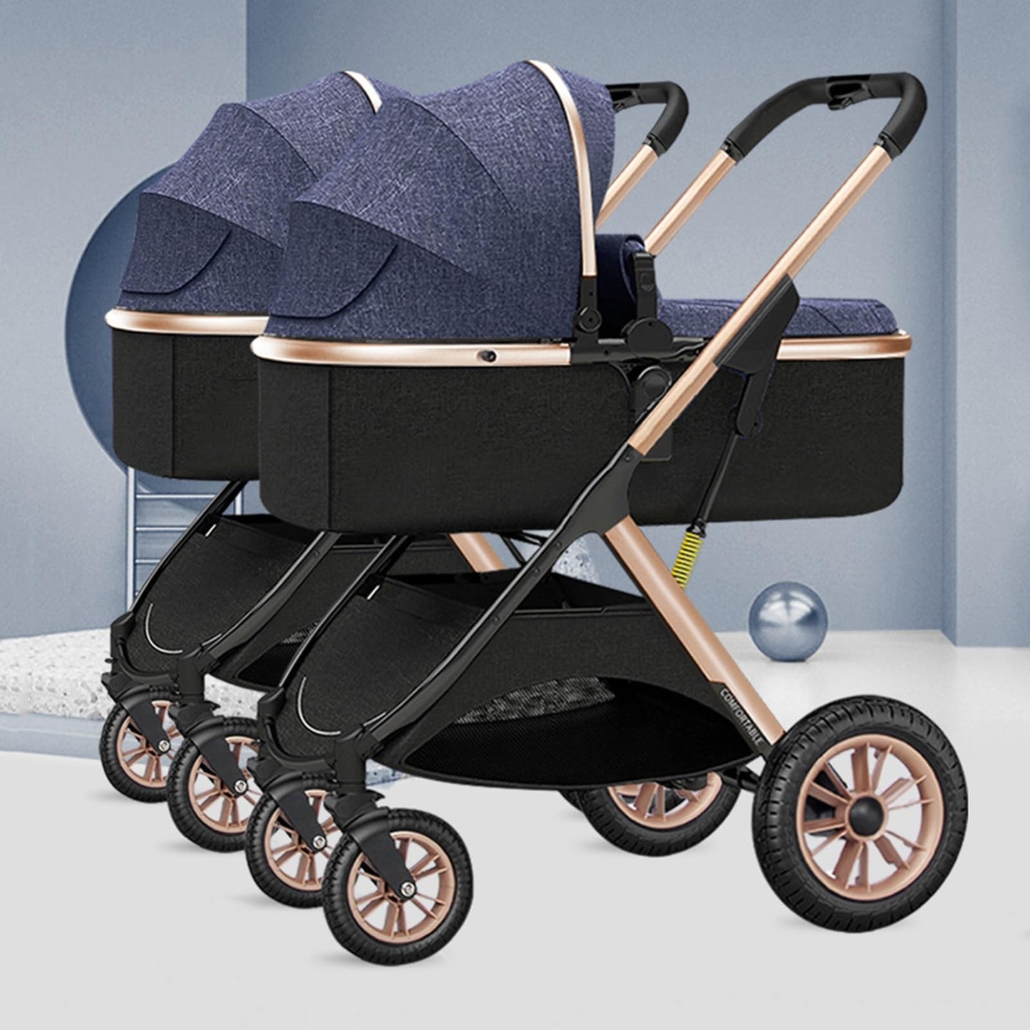 YCKEGEW Double Seat Twin Baby Stroller Luxury Carriage Tandem Pram Side By Side,Detachable Pushchair From Birth to 15 Kg,Infant Twins Stroller Can Sit Lie (Color : Blue)