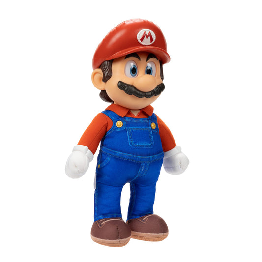 Nintendo Super Mario Bros. plush toy with poseable limbs, realistic eyes, stands 14 inches tall, soft and fully articulated.