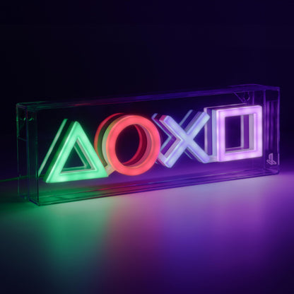Paladone PlayStation Icons LED neon light sign, wall-mountable or free-standing game room decor for gamers featuring PlayStation symbols.