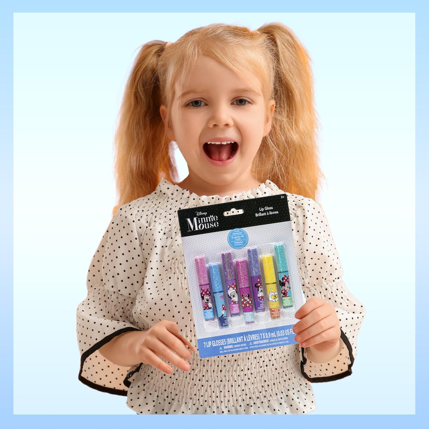 Disney Minnie Mouse 7-piece lip gloss set by Townley Girl, featuring colorful glosses for girls' parties and first makeup.