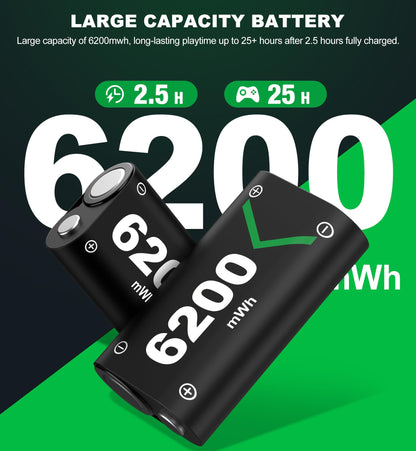 HELLCOOL rechargeable battery pack for Xbox controllers, high-capacity 6200mWh with charger, LED indicator, and 25-hour playtime.