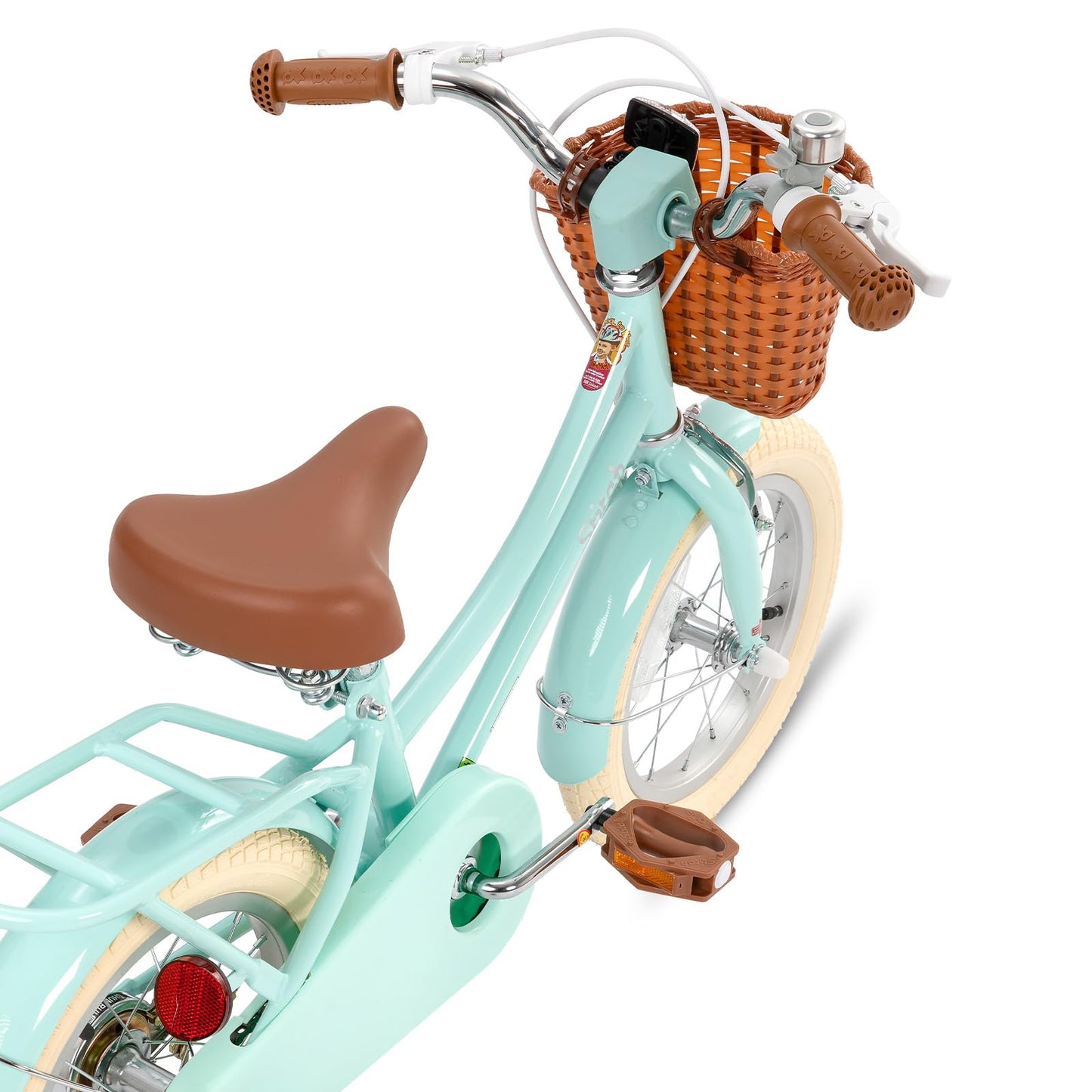 STITCH 14-inch mint green girls bike with basket and stabilisers, designed for kids aged 3 to 5 years.