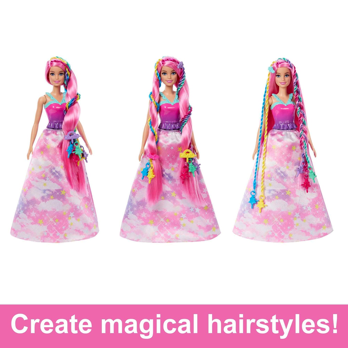 Barbie doll featuring fantasy hair with braid and twist styling, rainbow extensions, and styling tool accessories.