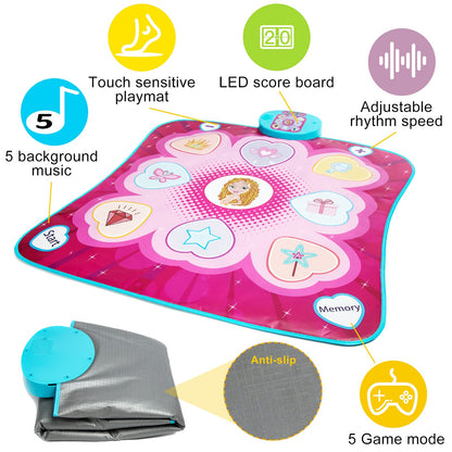 JUYOUNGA musical dance mat for girls with LED lights, 5 play modes, adjustable volume, and challenge levels, suitable for ages 3+