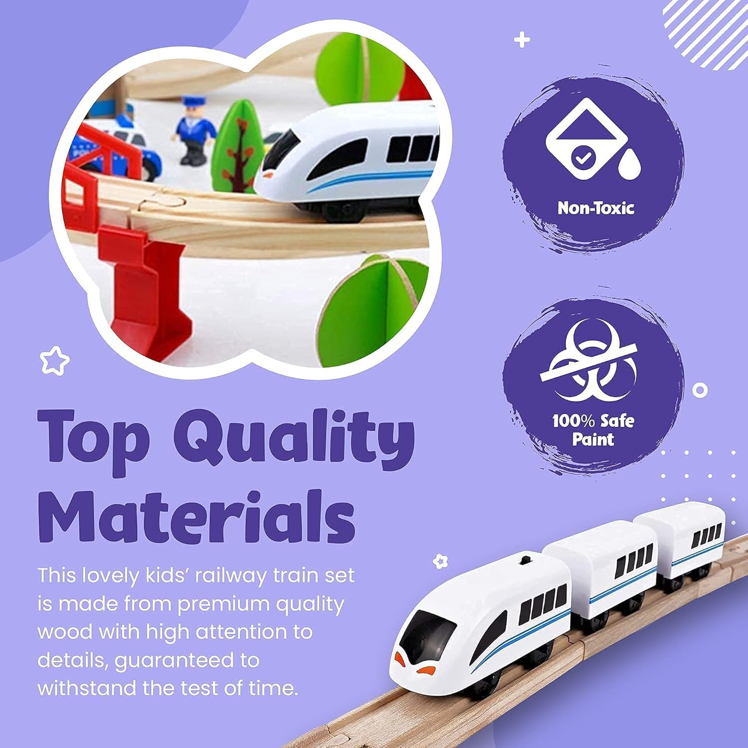 Wooden train tracks set with train station, electric train, and accessories from WY8, designed for kids ages 3+ to enjoy imaginative play.