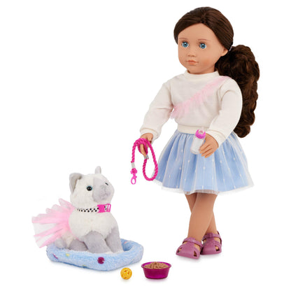 18-inch Our Generation fashion doll Mindy with her kitten Pepper and doll accessories, set against a colorful background.