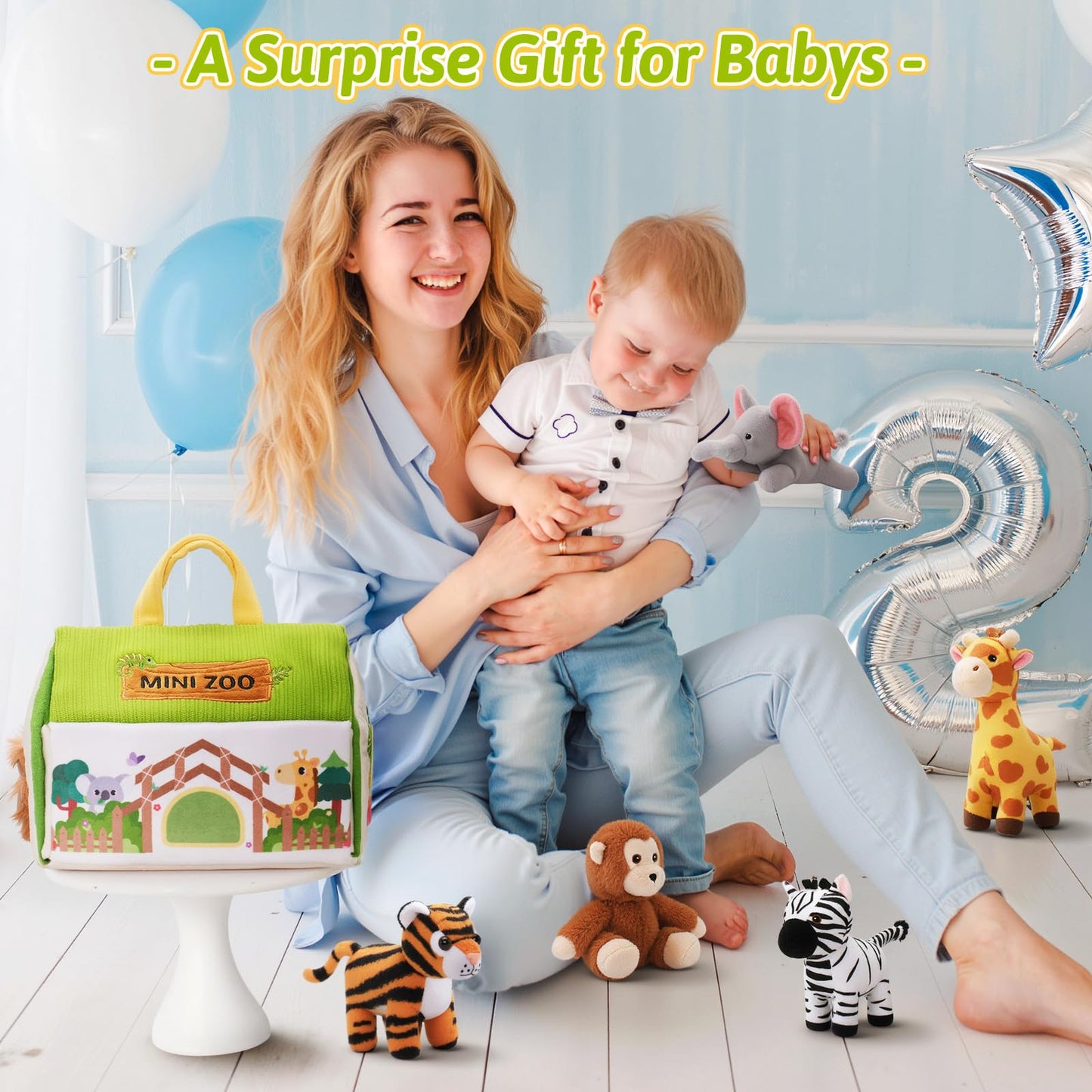 OUOZZZ plush zoo animal toys for babies 6 to 12 months, ideal for crawling and tummy play, in vibrant colors and soft textures.