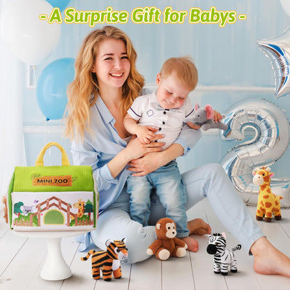 OUOZZZ plush zoo animal toys for babies 6 to 12 months, ideal for crawling and tummy play, in vibrant colors and soft textures.