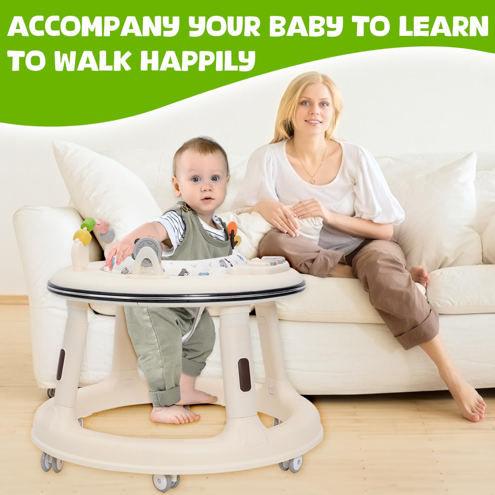 White baby walker with adjustable height, music and lights, 360° quiet wheels, swivel seat, foot pad, and activity play center.