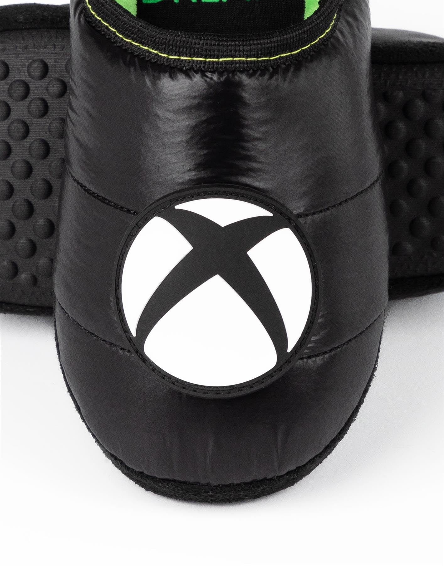 Black and green Xbox slippers for kids and teens with logo, slip-on loafers designed for gaming fans and comfortable house footwear.
