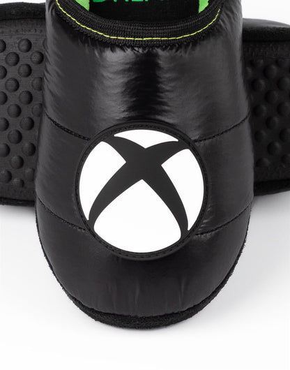 Black and green Xbox slippers for kids and teens with logo, slip-on loafers designed for gaming fans and comfortable house footwear.